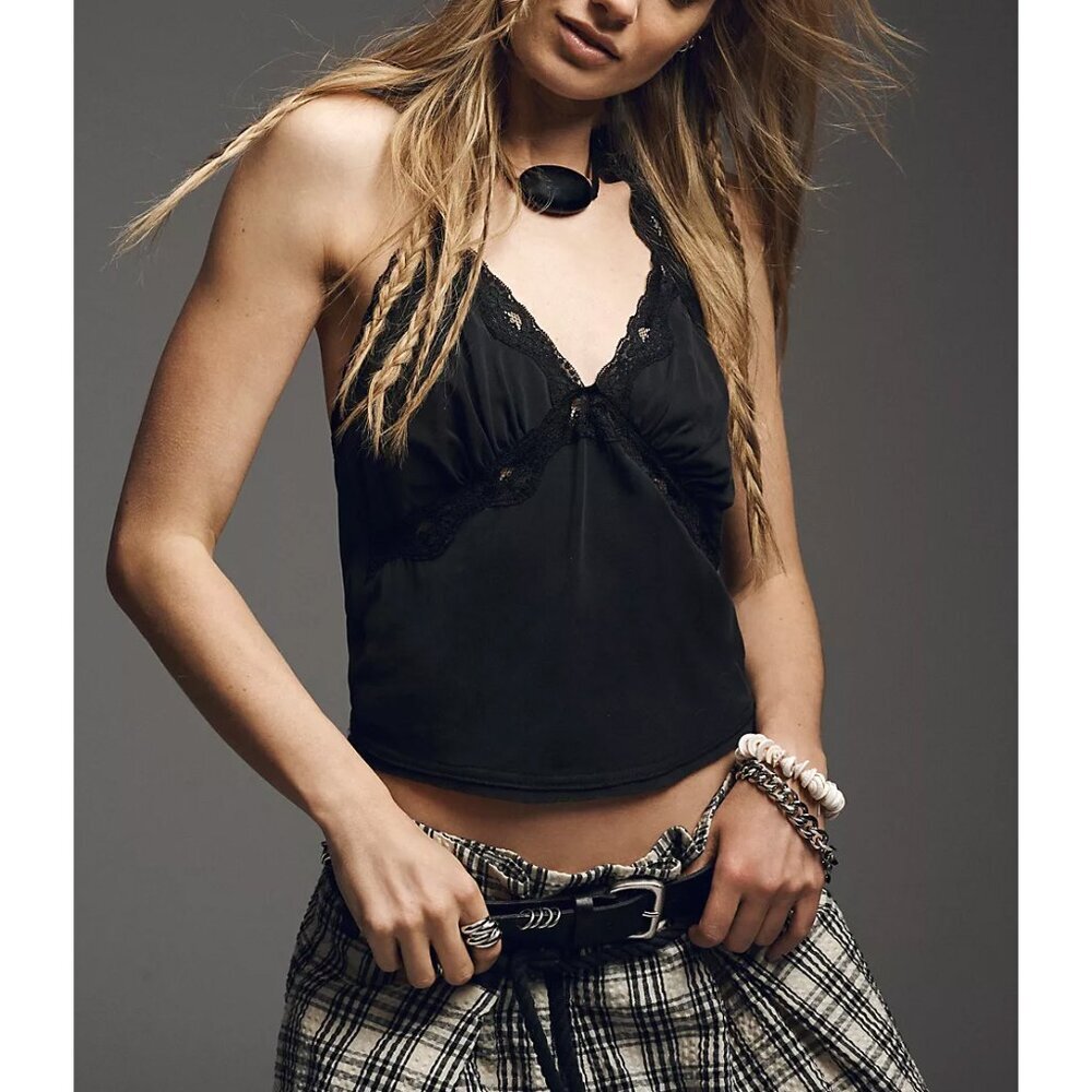 Free People Black Lace Halter Tank Top